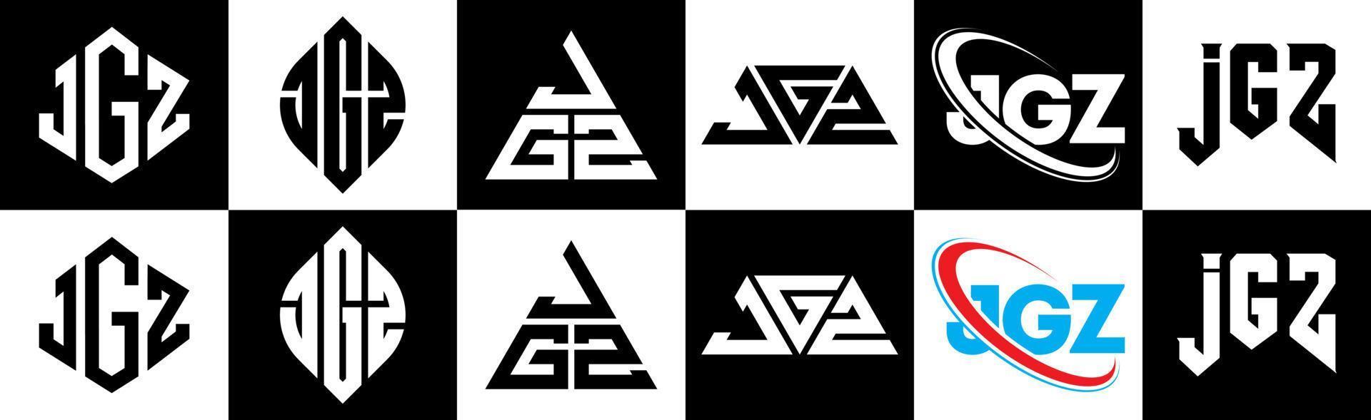 création de logo de lettre jgz en six styles. jgz polygone, cercle, triangle, hexagone, style plat et simple avec logo de lettre de variation de couleur noir et blanc dans un plan de travail. logo jgz minimaliste et classique vecteur
