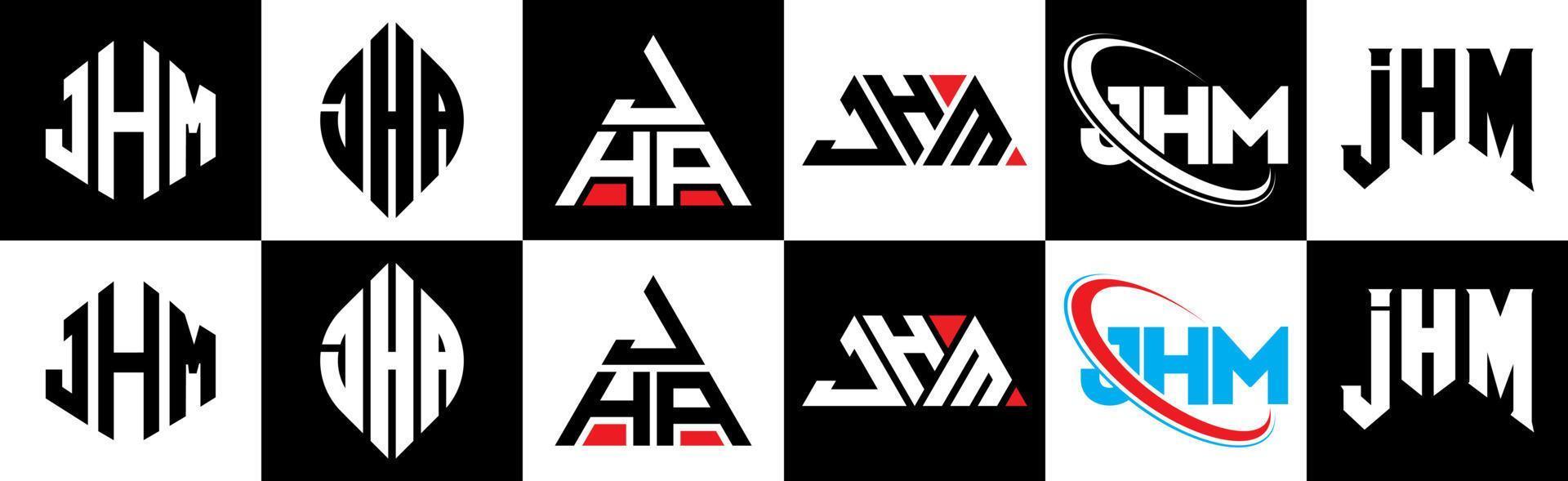 création de logo de lettre jhm en six styles. jhm polygone, cercle, triangle, hexagone, style plat et simple avec logo de lettre de variation de couleur noir et blanc dans un plan de travail. logo jhm minimaliste et classique vecteur