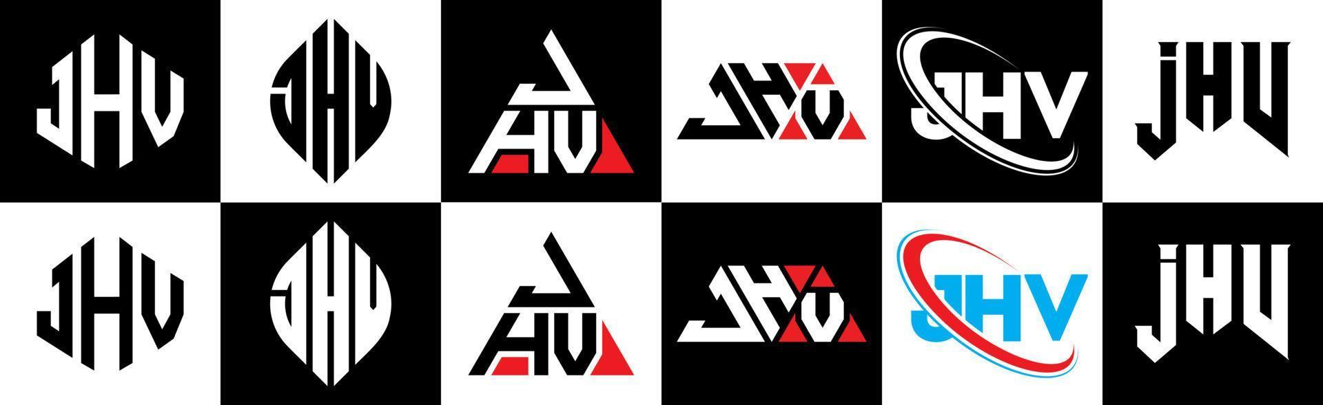 création de logo de lettre jhv en six styles. jhv polygone, cercle, triangle, hexagone, style plat et simple avec logo de lettre de variation de couleur noir et blanc dans un plan de travail. logo jhv minimaliste et classique vecteur