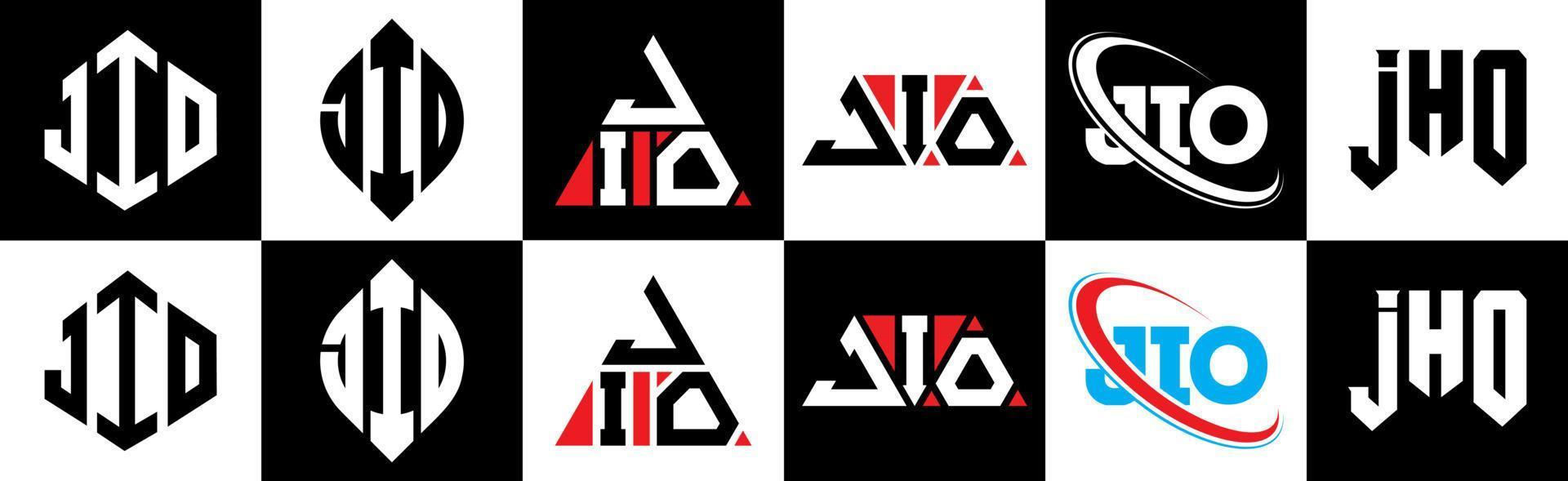 création de logo de lettre jio en six styles. jio polygone, cercle, triangle, hexagone, style plat et simple avec logo de lettre de variation de couleur noir et blanc dans un plan de travail. jio logo minimaliste et classique vecteur