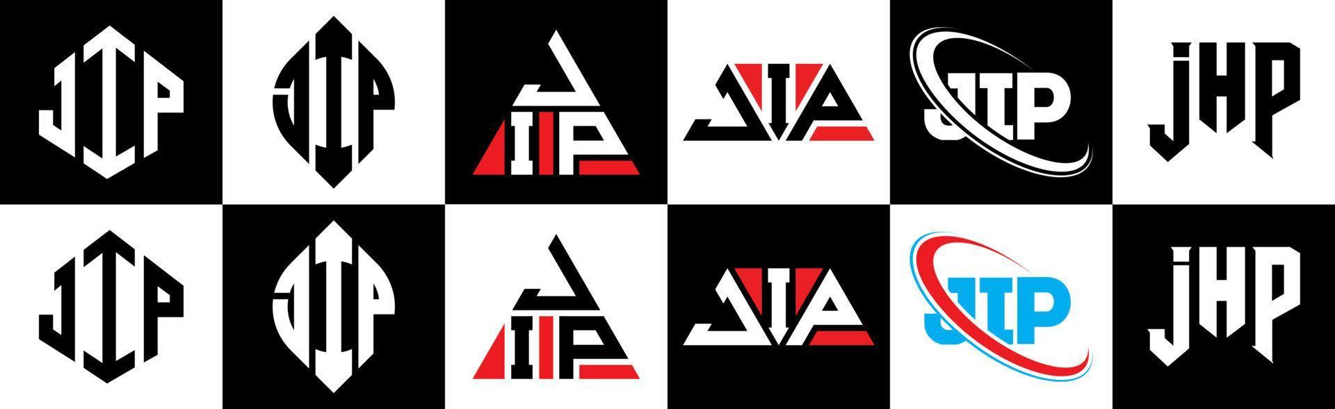 création de logo de lettre jip en six styles. jip polygone, cercle, triangle, hexagone, style plat et simple avec logo de lettre de variation de couleur noir et blanc dans un plan de travail. jip logo minimaliste et classique vecteur