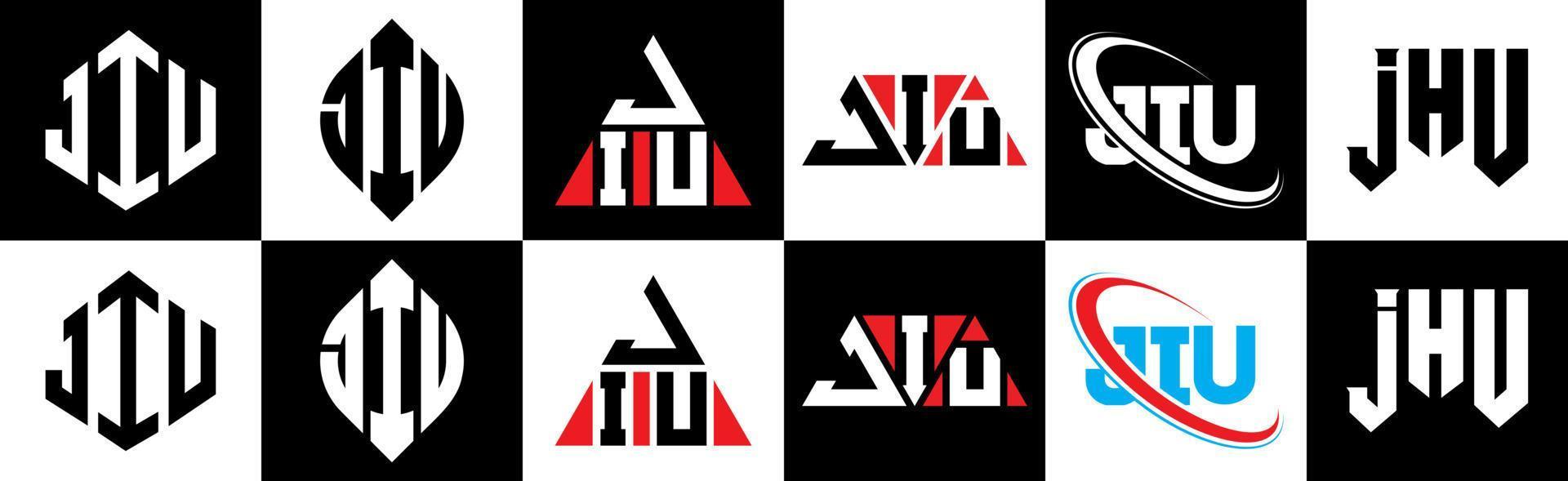 création de logo de lettre jiu en six styles. polygone jiu, cercle, triangle, hexagone, style plat et simple avec logo de lettre de variation de couleur noir et blanc dans un plan de travail. logo minimaliste et classique jiu vecteur