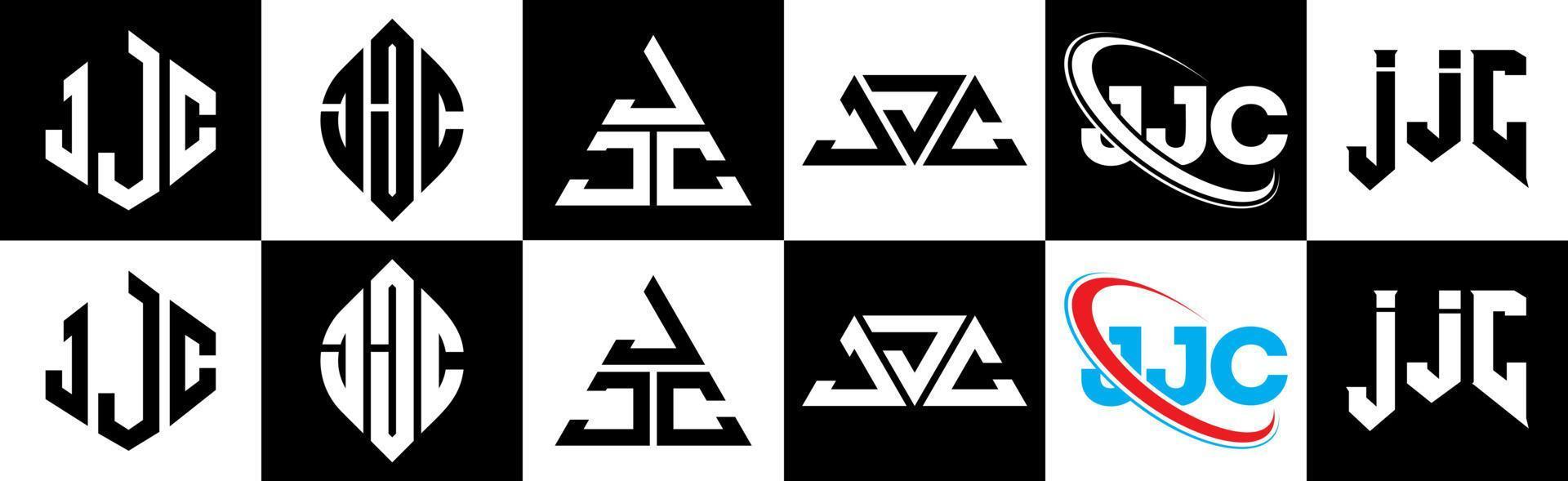 création de logo de lettre jjc en six styles. jjc polygone, cercle, triangle, hexagone, style plat et simple avec logo de lettre de variation de couleur noir et blanc dans un plan de travail. logo jjc minimaliste et classique vecteur