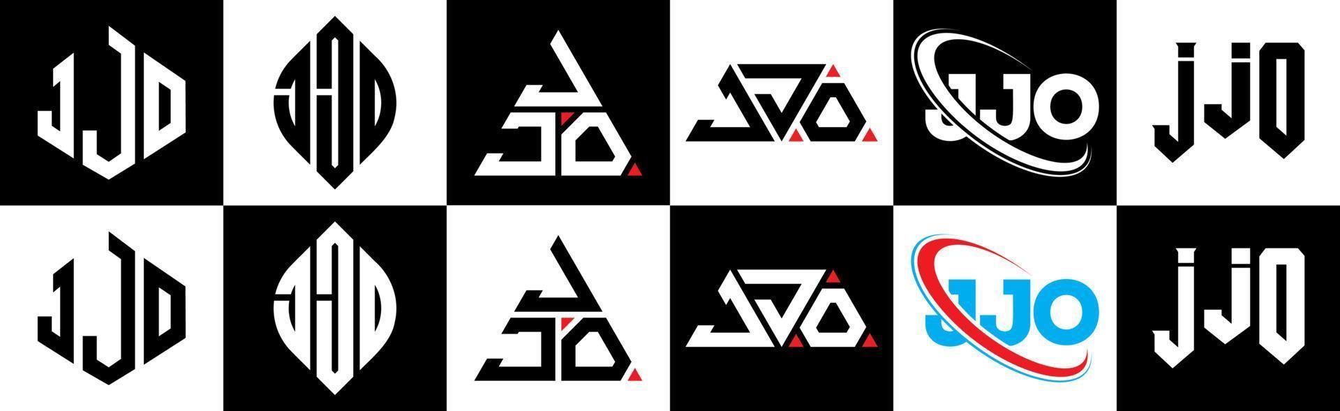 création de logo de lettre jjo en six styles. polygone jjo, cercle, triangle, hexagone, style plat et simple avec logo de lettre de variation de couleur noir et blanc dans un plan de travail. jjo logo minimaliste et classique vecteur