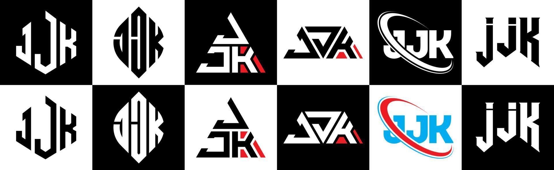 création de logo de lettre jjk en six styles. polygone jjk, cercle, triangle, hexagone, style plat et simple avec logo de lettre de variation de couleur noir et blanc dans un plan de travail. jjk logo minimaliste et classique vecteur