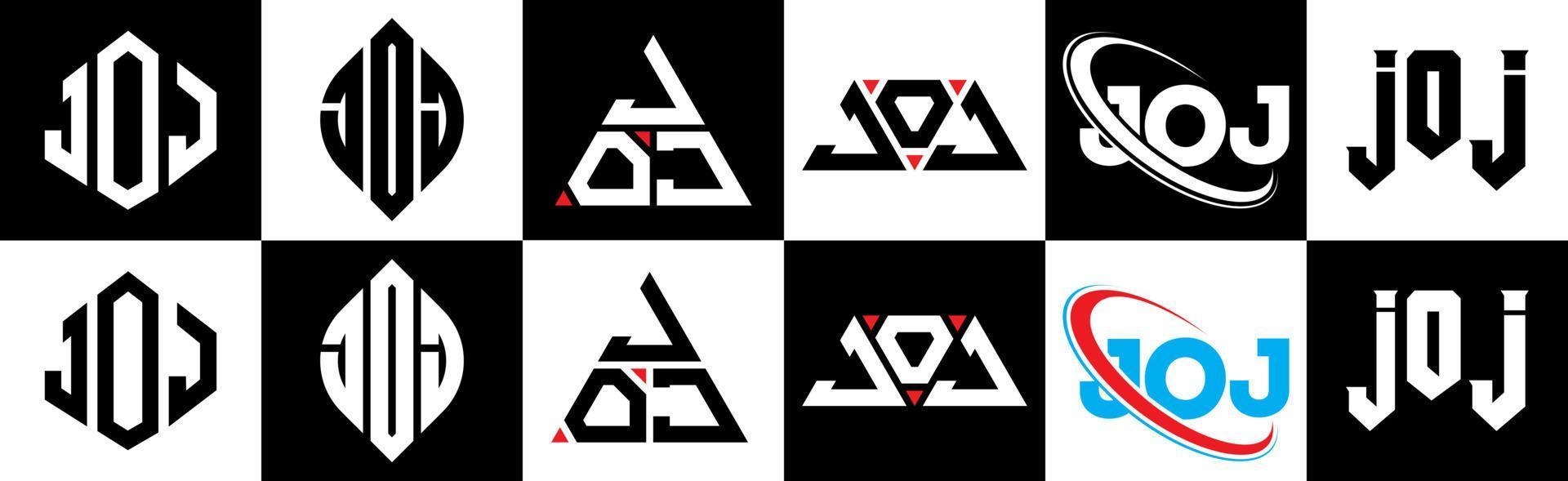 création de logo de lettre joj en six styles. joj polygone, cercle, triangle, hexagone, style plat et simple avec logo de lettre de variation de couleur noir et blanc dans un plan de travail. joj logo minimaliste et classique vecteur