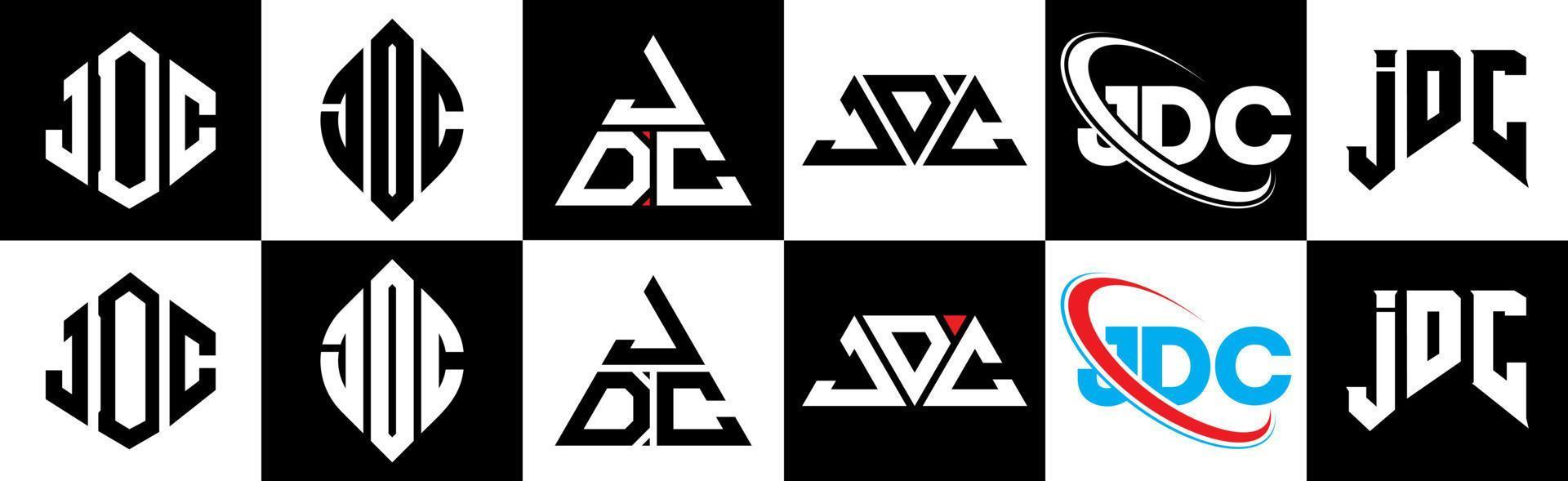 création de logo de lettre jdc en six styles. polygone jdc, cercle, triangle, hexagone, style plat et simple avec logo de lettre de variation de couleur noir et blanc dans un plan de travail. logo jdc minimaliste et classique vecteur