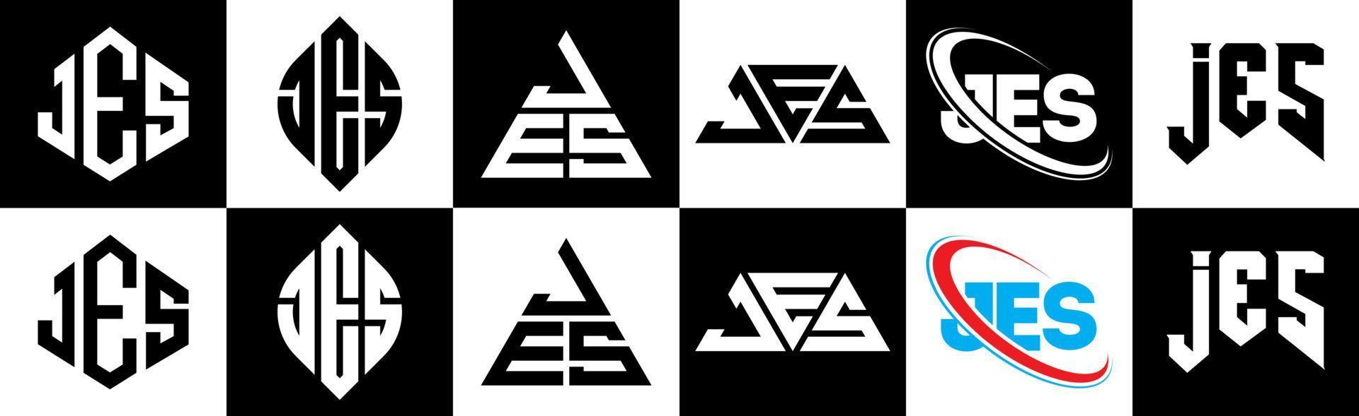 création de logo de lettre jes en six styles. jes polygone, cercle, triangle, hexagone, style plat et simple avec logo de lettre de variation de couleur noir et blanc dans un plan de travail. jes logo minimaliste et classique vecteur
