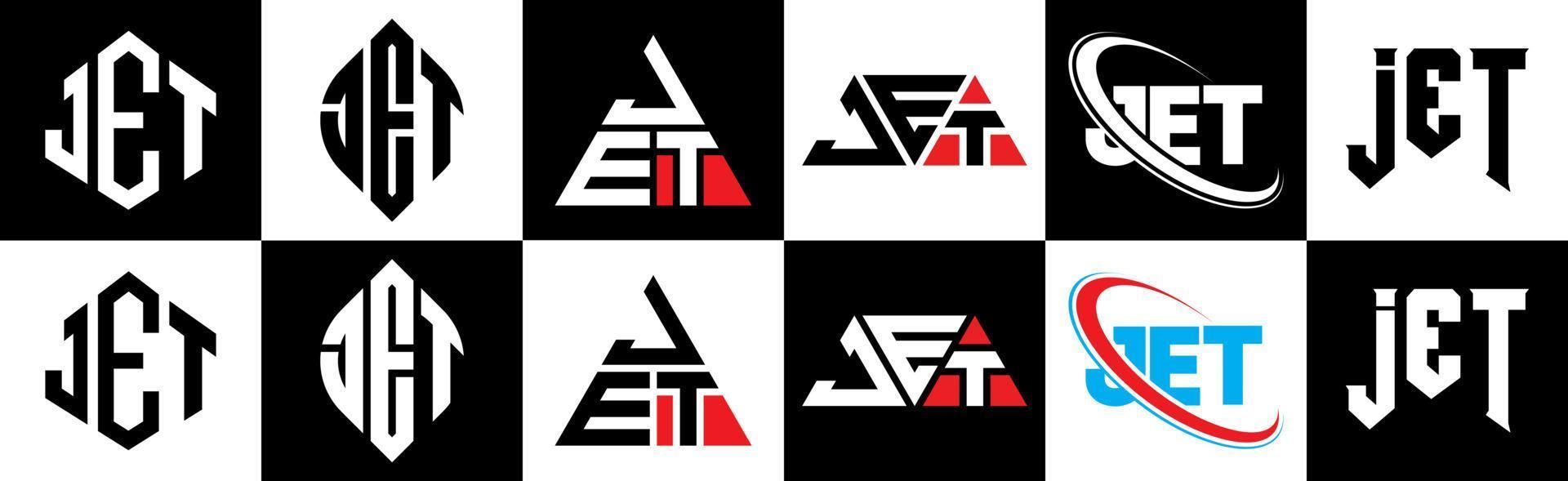 création de logo de lettre de jet dans six styles. jet polygone, cercle, triangle, hexagone, style plat et simple avec logo de lettre de variation de couleur noir et blanc dans un plan de travail. jet logo minimaliste et classique vecteur