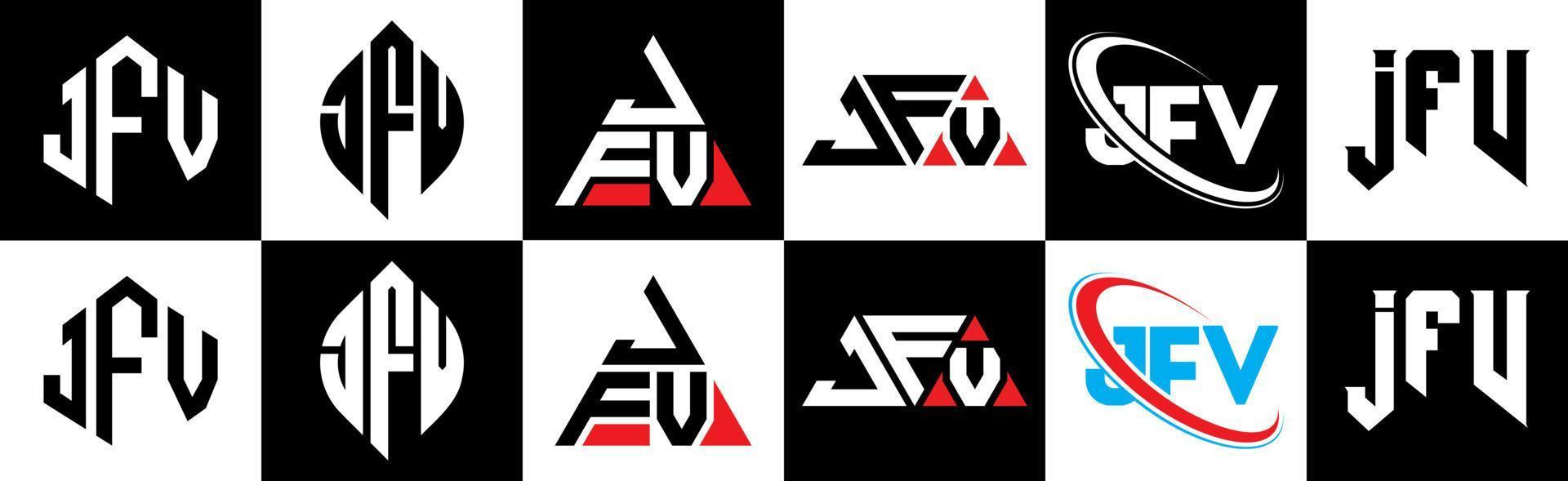 création de logo de lettre jfv en six styles. jfv polygone, cercle, triangle, hexagone, style plat et simple avec logo de lettre de variation de couleur noir et blanc dans un plan de travail. jfv logo minimaliste et classique vecteur