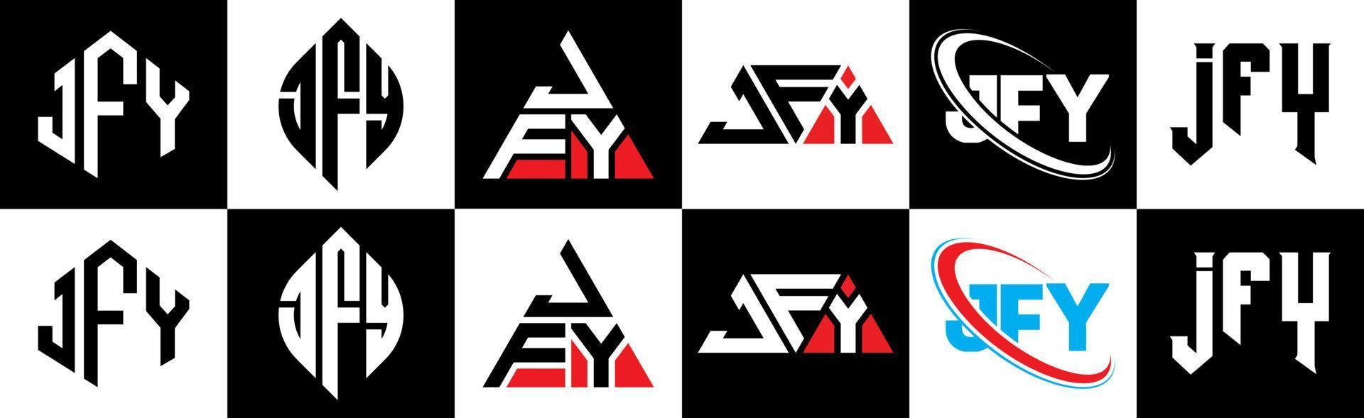 création de logo de lettre jfy en six styles. jfy polygone, cercle, triangle, hexagone, style plat et simple avec logo de lettre de variation de couleur noir et blanc dans un plan de travail. jfy logo minimaliste et classique vecteur