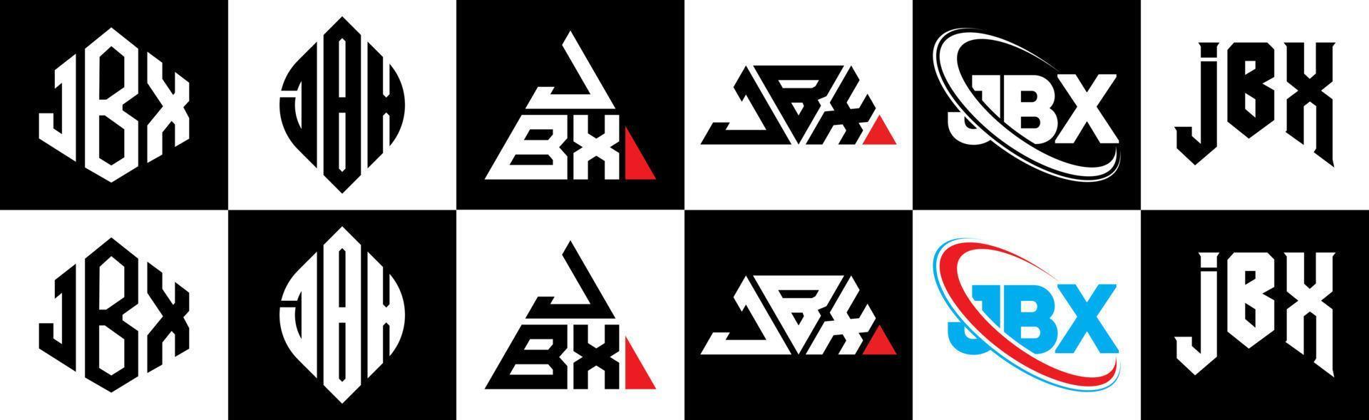 création de logo de lettre jbx en six styles. jbx polygone, cercle, triangle, hexagone, style plat et simple avec logo de lettre de variation de couleur noir et blanc dans un plan de travail. logo jbx minimaliste et classique vecteur