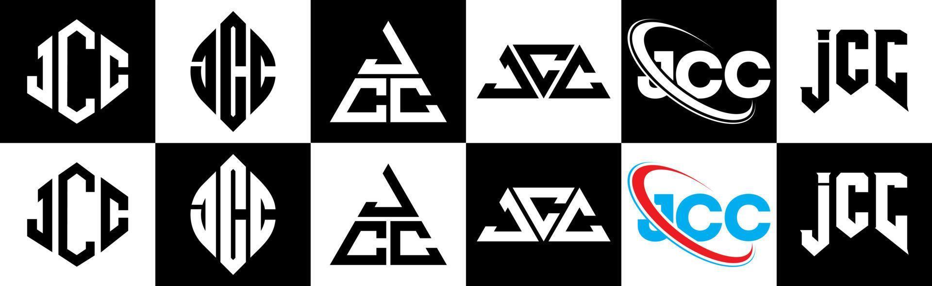 création de logo de lettre jcc en six styles. jcc polygone, cercle, triangle, hexagone, style plat et simple avec logo de lettre de variation de couleur noir et blanc dans un plan de travail. logo jcc minimaliste et classique vecteur