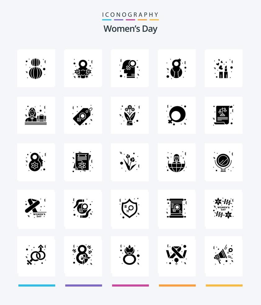 pack d'icônes noires unies de 25 glyphes de la journée des femmes créatives telles que le rouge à lèvres. femme. féminisme. le genre. huit mars vecteur