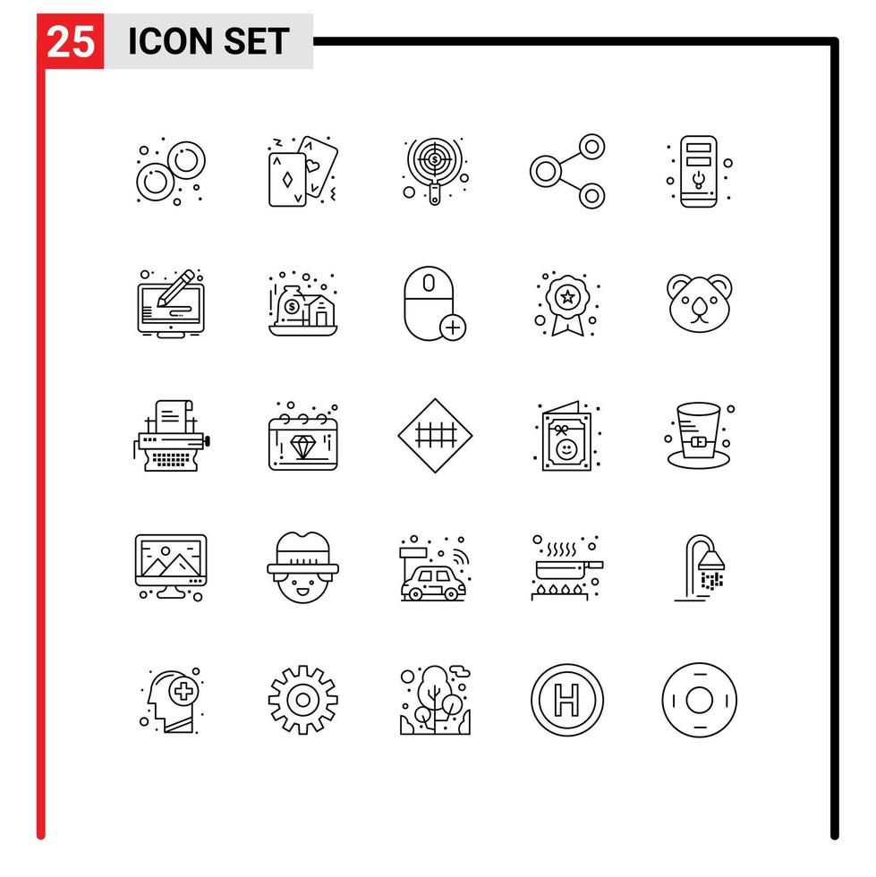 ligne d'interface mobile ensemble de 25 pictogrammes de carte de lien de partage connect focus éléments de conception vectoriels modifiables vecteur