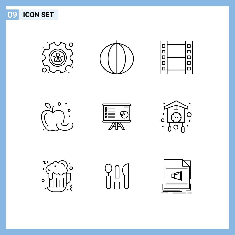 ensemble moderne de 9 contours et symboles tels que film de présentation d'entreprise fruit apple éléments de conception vectoriels modifiables vecteur