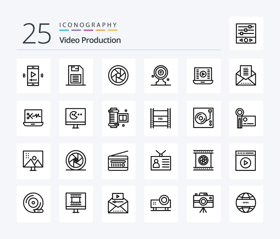 pack d'icônes de production vidéo de 25 lignes comprenant une cible d'actualités. tableau de mise au point. carte SD. tableau de visée. lentilles de caméra vecteur