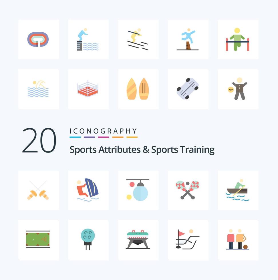 20 attributs sportifs et pack d'icônes de couleur plate d'entraînement sportif comme sac de bâton de bateau entraînement de crosse vecteur