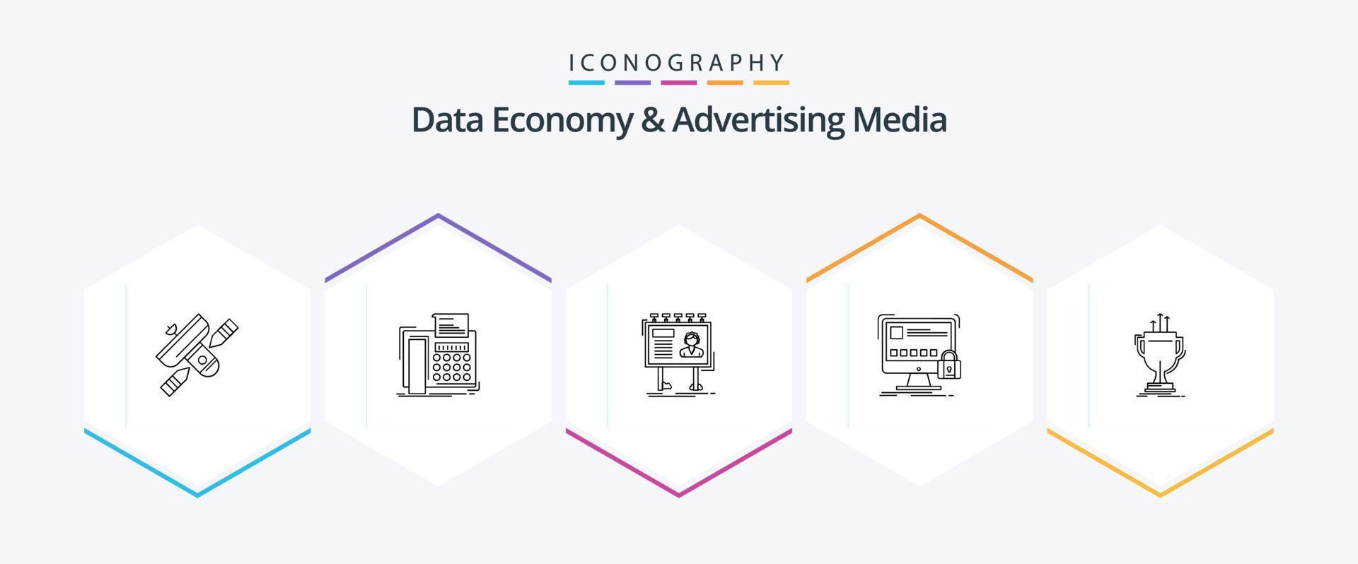 économie de données et médias publicitaires pack d'icônes de 25 lignes comprenant un verrou. protéger. télécopie. planche. panneau publicitaire vecteur