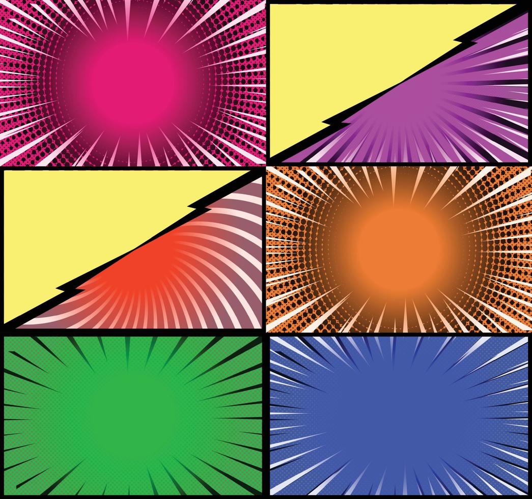 fond de cadres colorés de bande dessinée avec des rayons de demi-teintes effets radiaux et pointillés style pop art vecteur