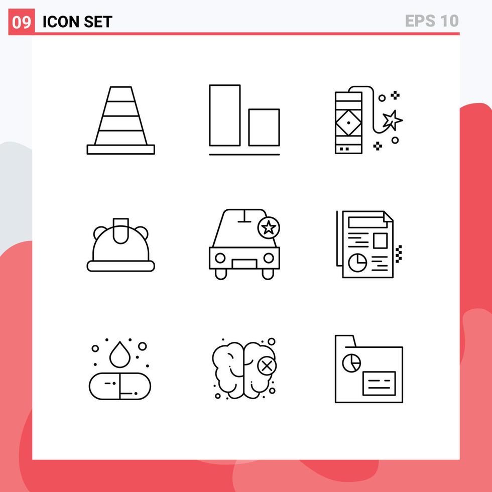 pictogramme ensemble de 9 contours simples de document étoile pétard important casque éléments de conception vectoriels modifiables vecteur