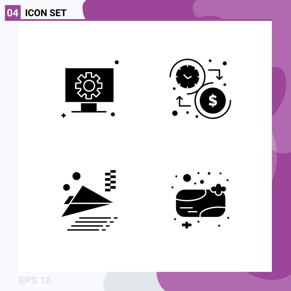 ensemble moderne de 4 pictogrammes de glyphes solides d'éléments de conception vectoriels modifiables d'avion d'argent d'engrenage d'avion d'ordinateur vecteur