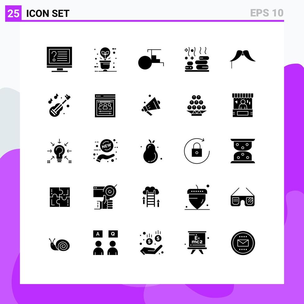 interface mobile glyphe solide ensemble de 25 pictogrammes d'éclairage de spa de bien-être relax transport éléments de conception vectoriels modifiables vecteur