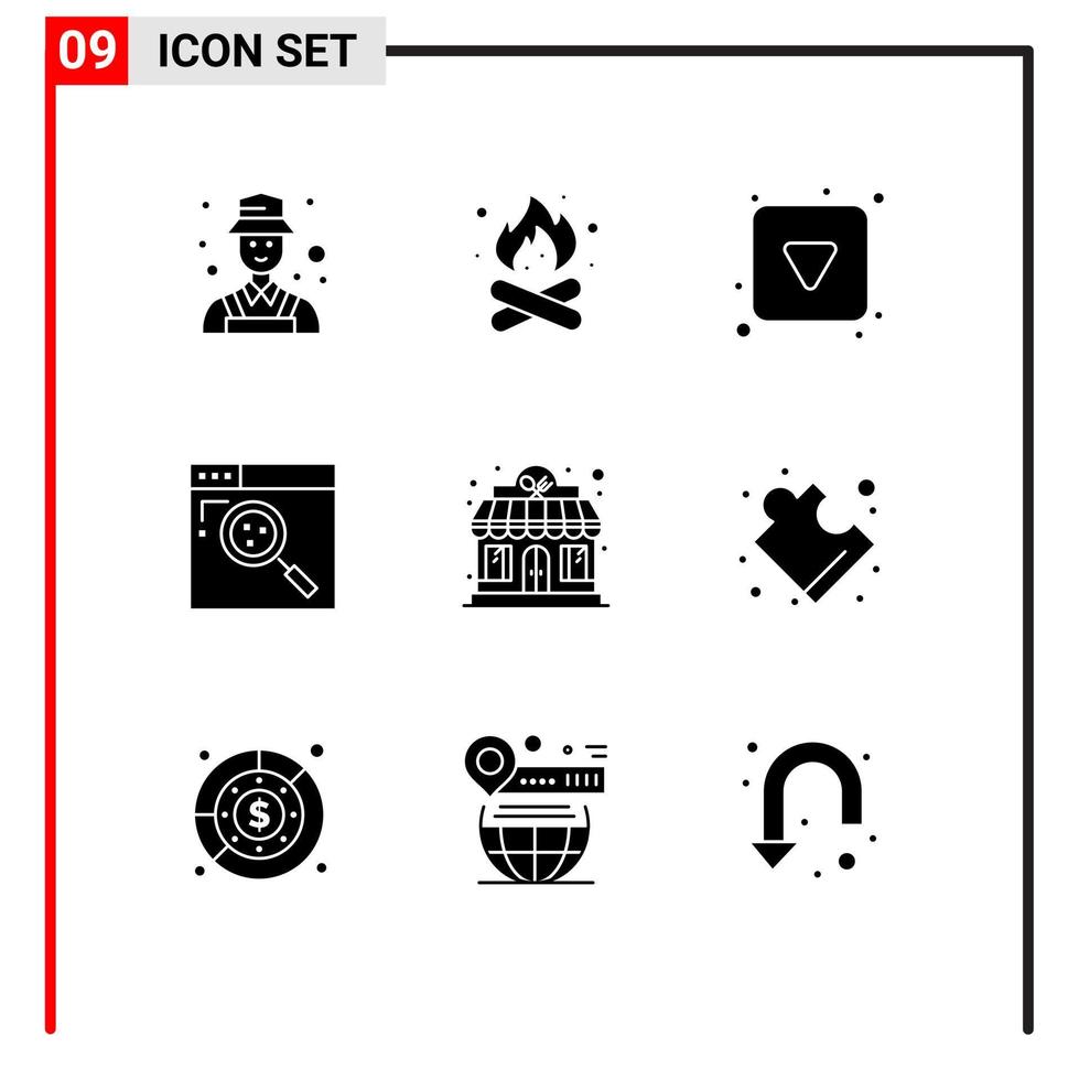 interface mobile glyphe solide ensemble de 9 pictogrammes de recherche d'hôtel nature internet éléments de conception vectoriels entièrement modifiables vecteur
