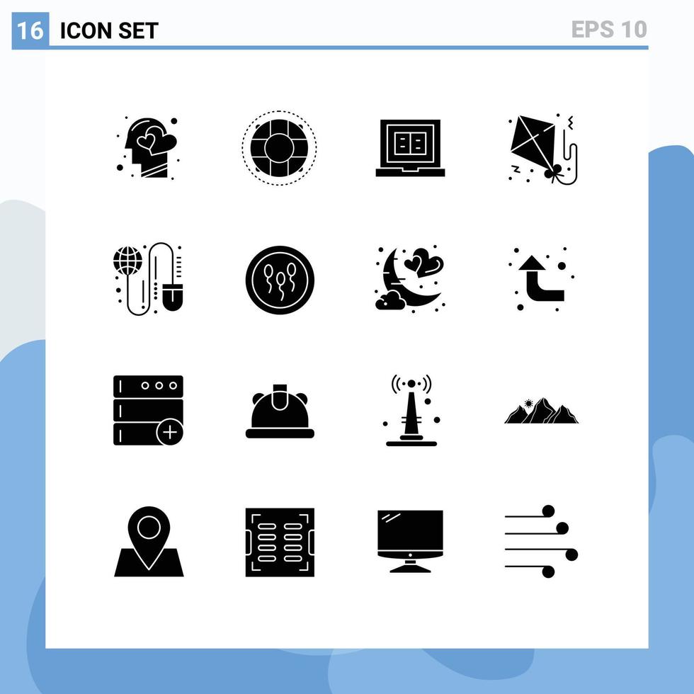 interface mobile glyphe solide ensemble de 16 pictogrammes de papier battant bouée de sauvetage cerf-volant ordinateur portable éléments de conception vectoriels modifiables vecteur