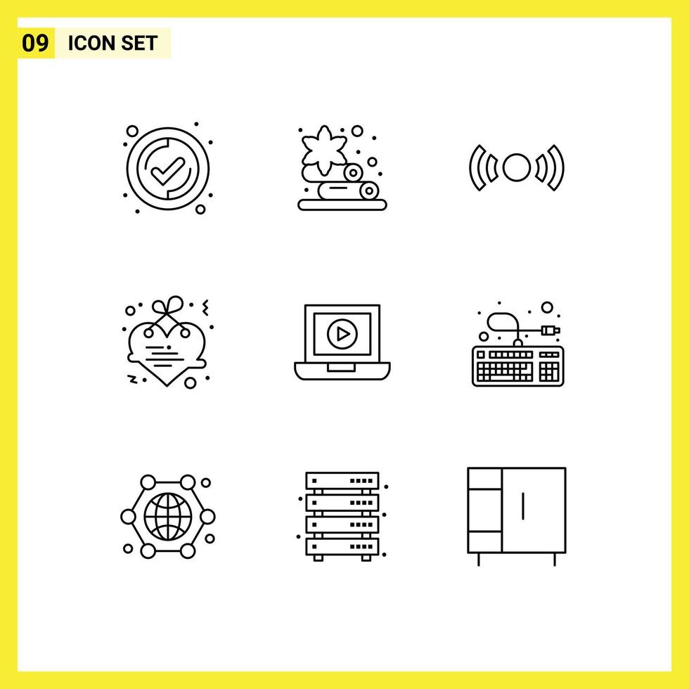 ensemble moderne de 9 contours et symboles tels que le signal d'ordinateur portable vidéo coeur d'amour éléments de conception vectoriels modifiables vecteur