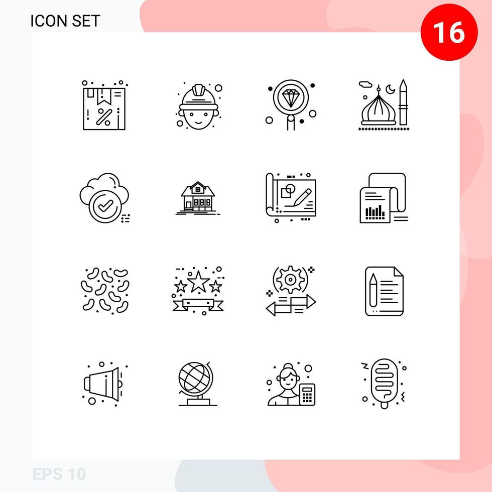 symboles d'icônes universels groupe de 16 contours modernes d'ok musulman développer des éléments de conception vectoriels modifiables pour la mosquée du croissant vecteur