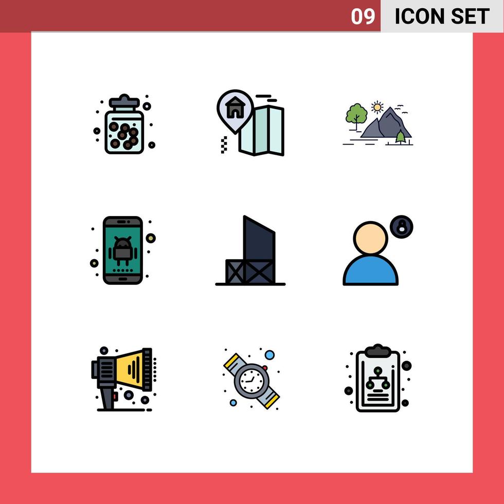 ensemble moderne de 9 pictogrammes de couleurs plates remplies d'éléments de conception vectoriels modifiables de l'application baywatch app hill vecteur