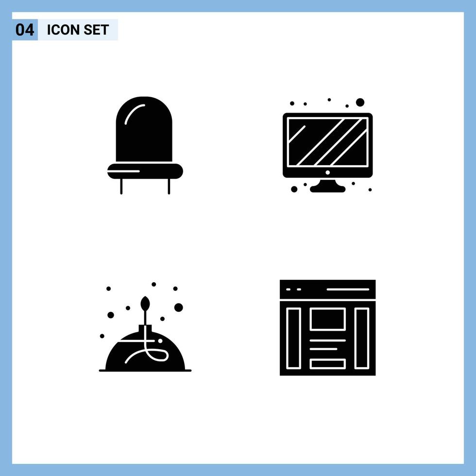 interface utilisateur pack de 4 glyphes solides de base d'éléments de conception vectoriels modifiables de communication d'alcool de moniteur de laboratoire de diode vecteur