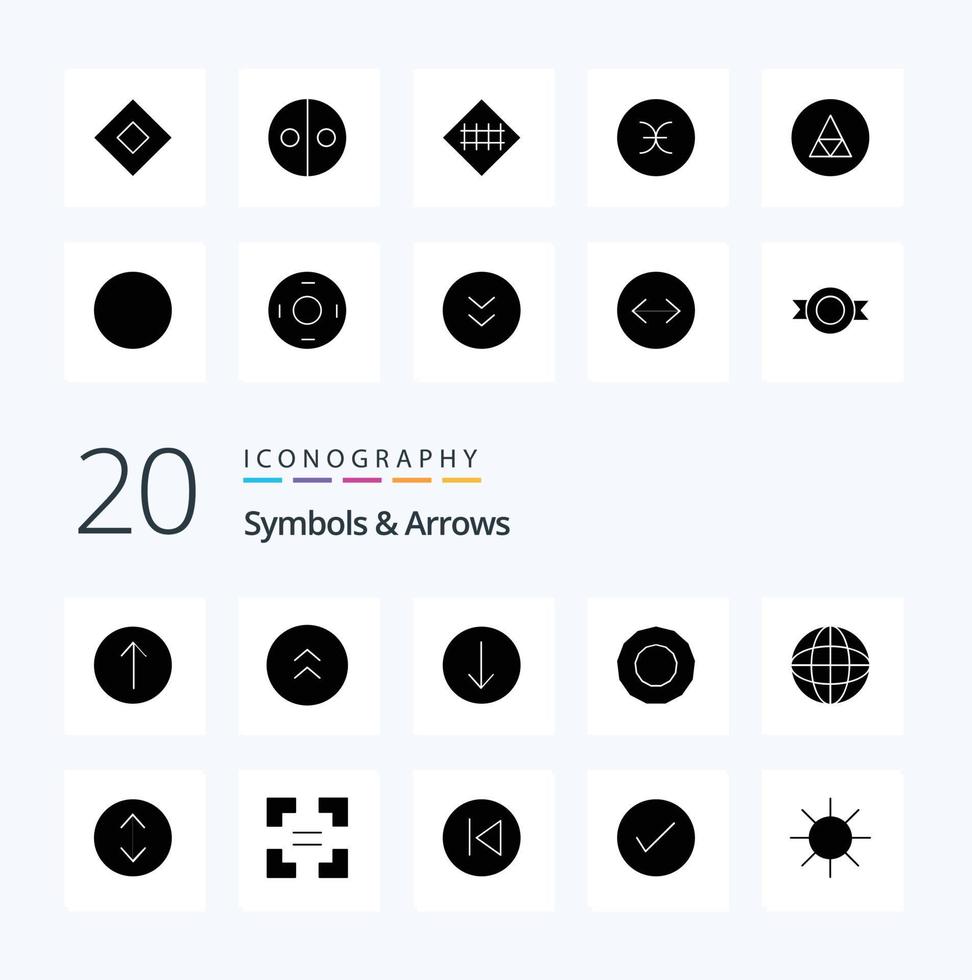 20 symboles flèches pack d'icônes de glyphes solides comme le symbole des flèches en plein écran dans le monde entier vecteur