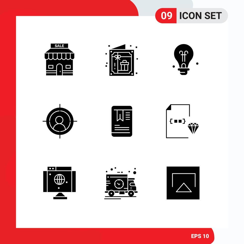 9 concept de glyphe solide pour les sites Web mobiles et les applications codage balise ampoule objectif mobile éléments de conception vectoriels modifiables vecteur