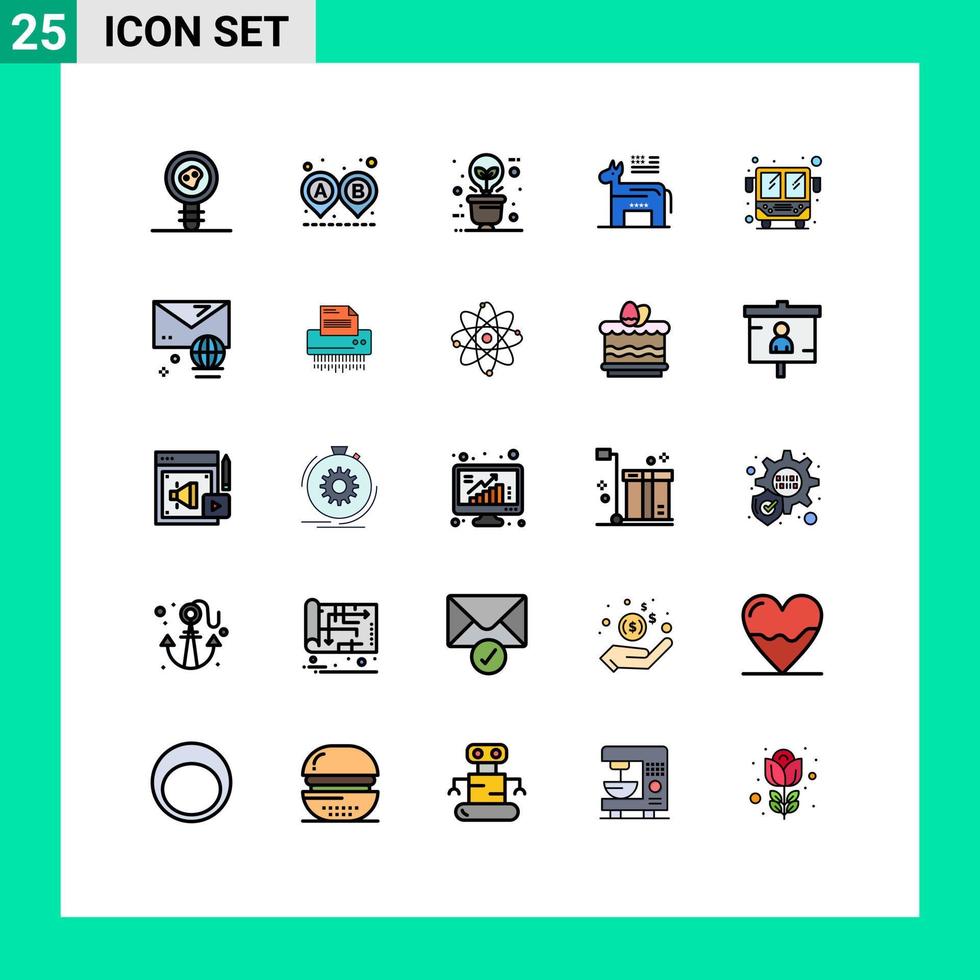 interface mobile ligne remplie couleur plate ensemble de 25 pictogrammes d'éléments de conception vectoriels modifiables de lumière verte américaine politique de bus vecteur