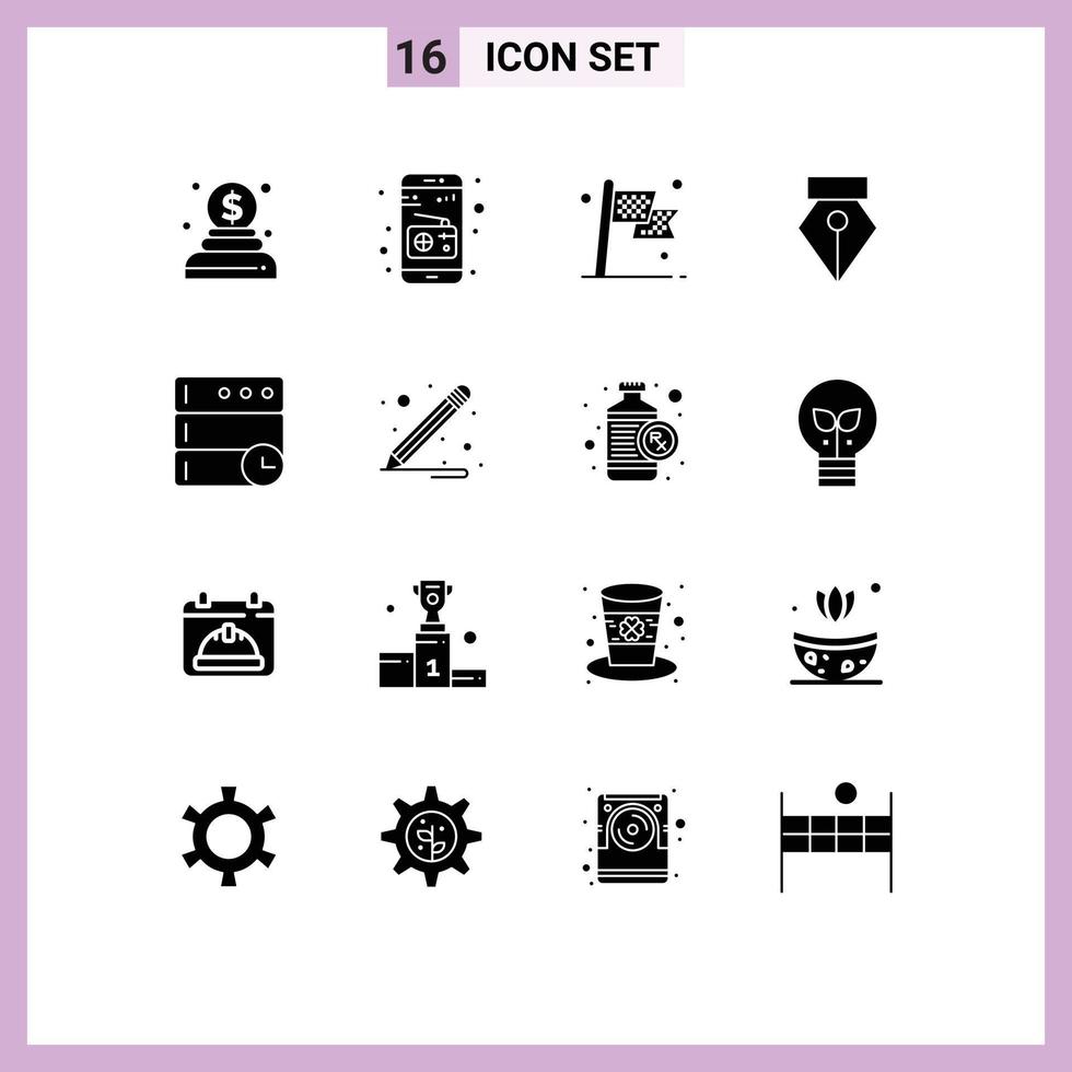 groupe de 16 signes et symboles de glyphes solides pour les éléments de conception vectoriels modifiables du crayon de la base de données de destination du serveur crayon vecteur