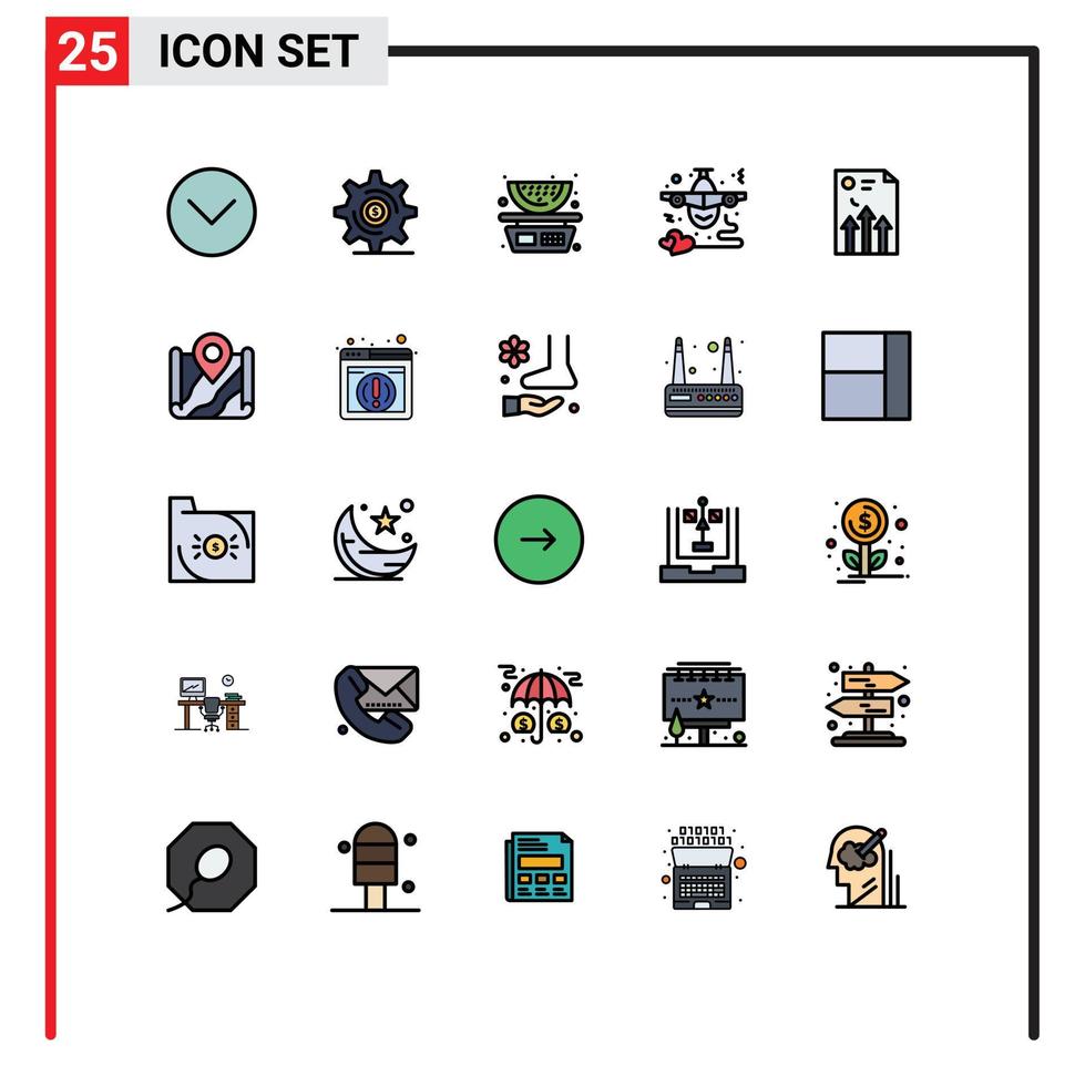 ensemble de 25 symboles d'icônes d'interface utilisateur modernes signes pour les éléments de conception vectoriels modifiables d'avion de mouche de nourriture de coeur de flèche vecteur