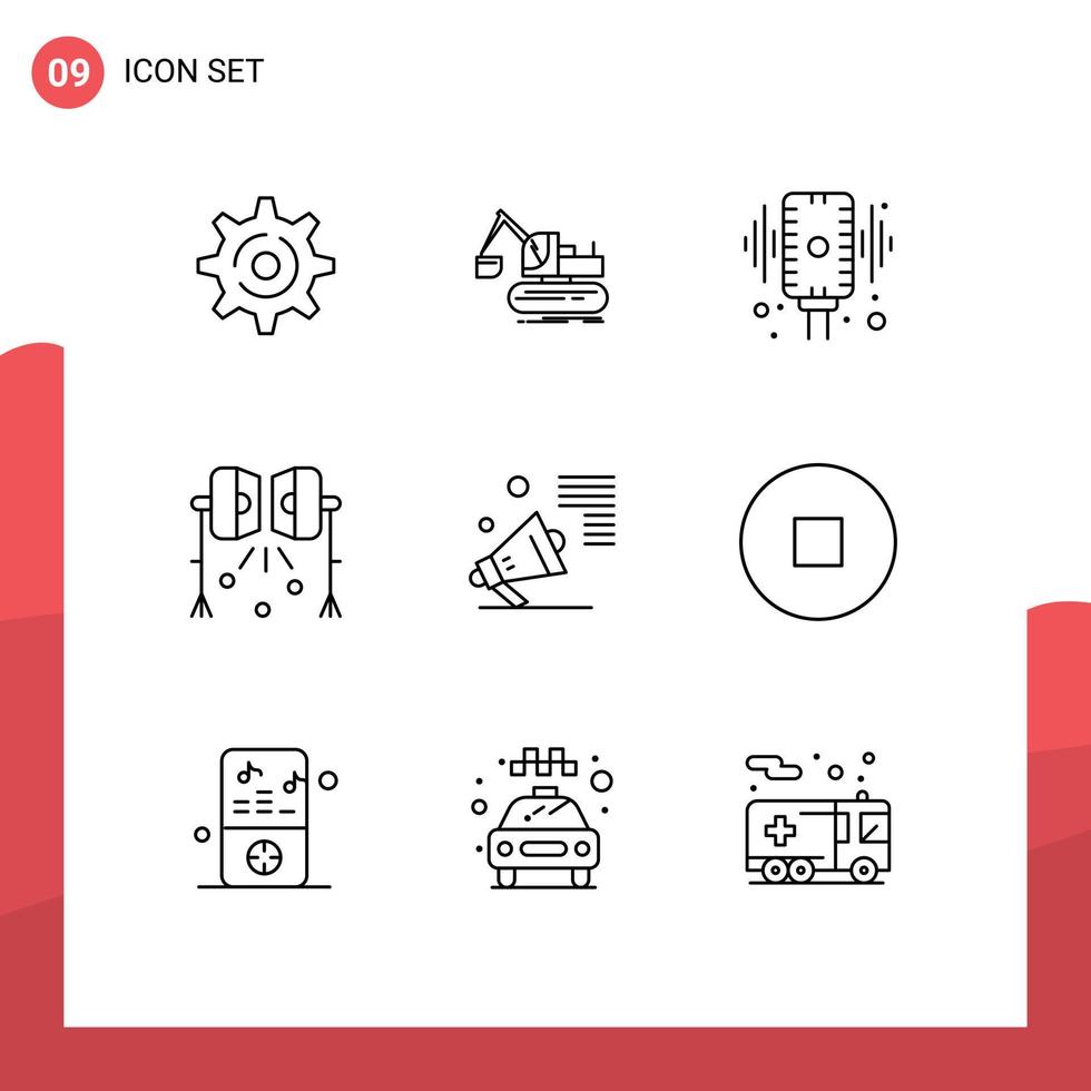 ensemble de pictogrammes de 9 contours simples d'éléments de conception vectoriels modifiables d'éclairage de projecteur d'enregistrement de foudre de studio de publicité vecteur