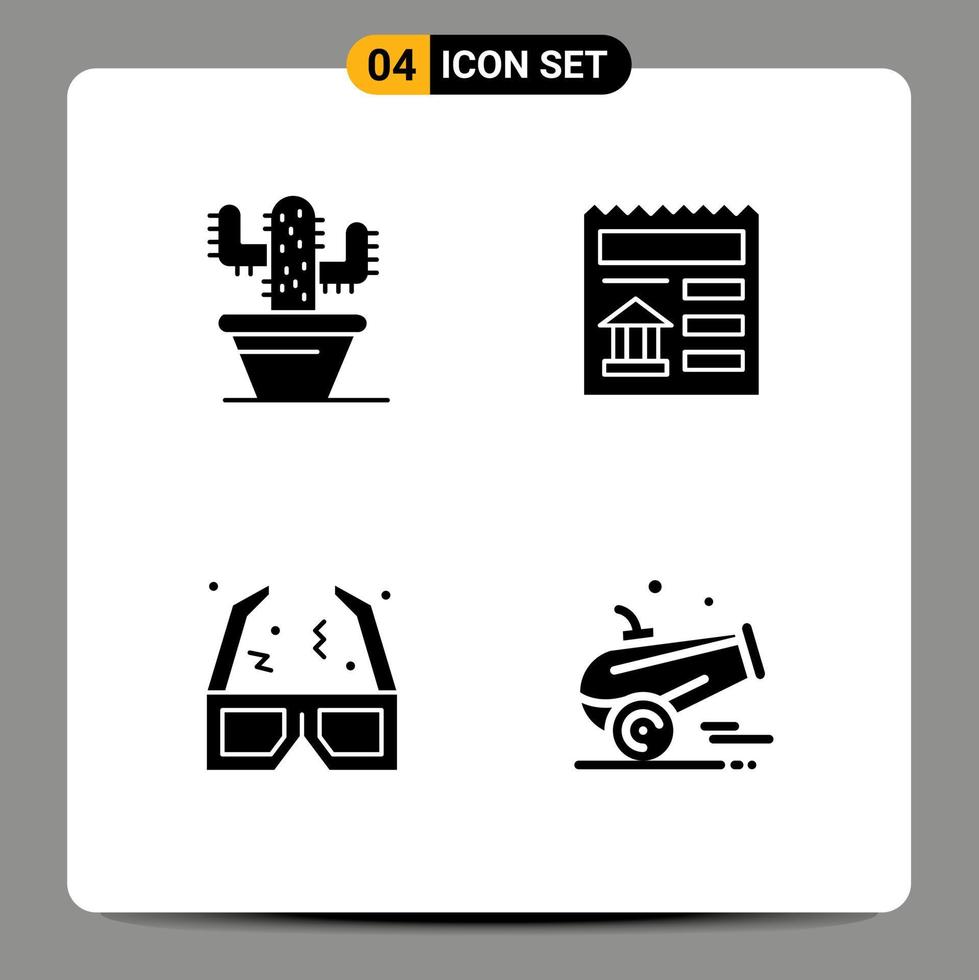 pack de 4 signes et symboles de glyphes solides modernes pour les supports d'impression Web tels que les éléments de conception vectoriels modifiables de canon de banque de base de film de cactus vecteur