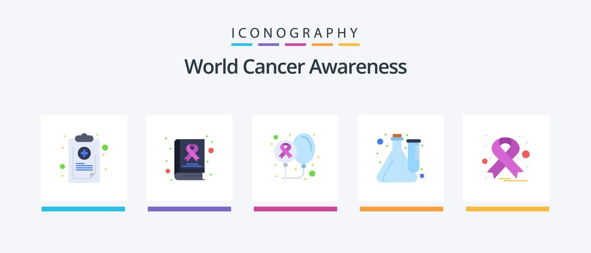 pack d'icônes plat 5 de sensibilisation au cancer du monde, y compris le laboratoire. Culture. journée. cube. santé. conception d'icônes créatives vecteur