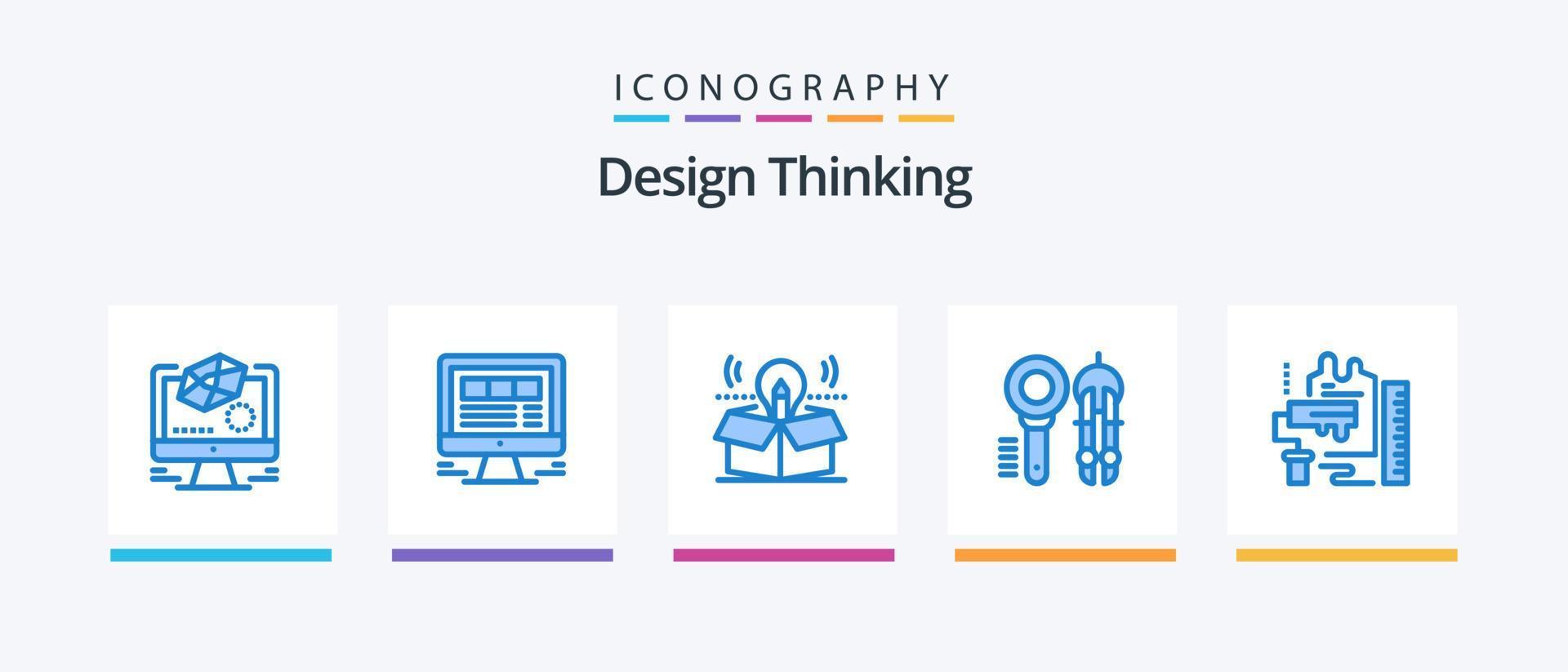 pack d'icônes bleues 5 design thinking, y compris l'outil. motif. la toile. recherche. idée. conception d'icônes créatives vecteur