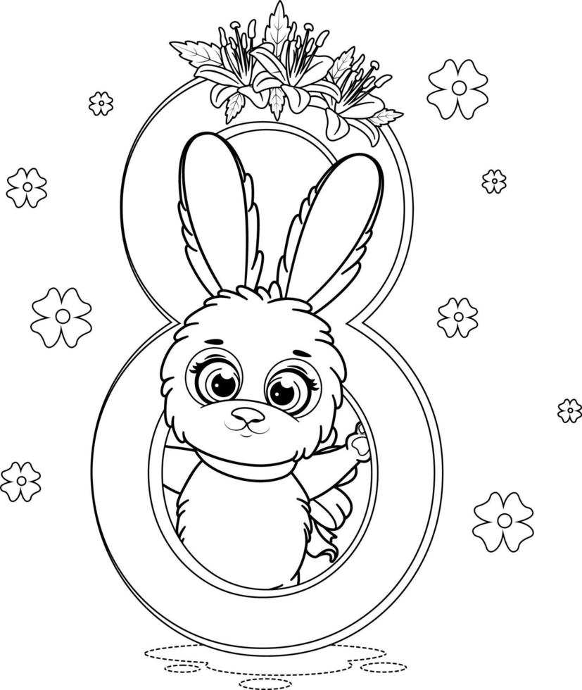 coloriage. lapin mignon avec des fleurs et le numéro 8 vecteur