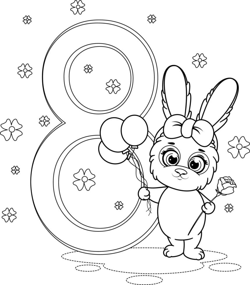 coloriage. un lapin avec rose, ballons et numéro 8 vecteur