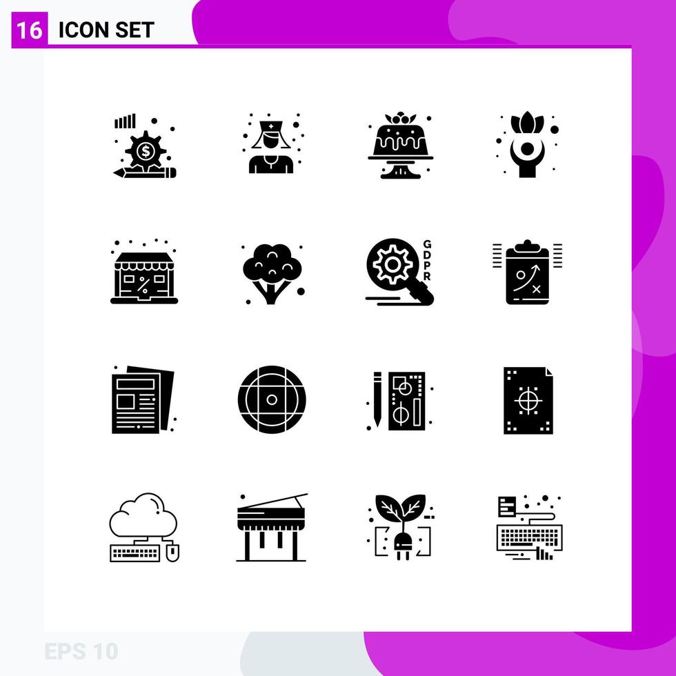 16 concept de glyphe solide pour les sites Web mobiles et les applications gâteau de bien-être en ligne bien exercer des éléments de conception vectoriels modifiables vecteur
