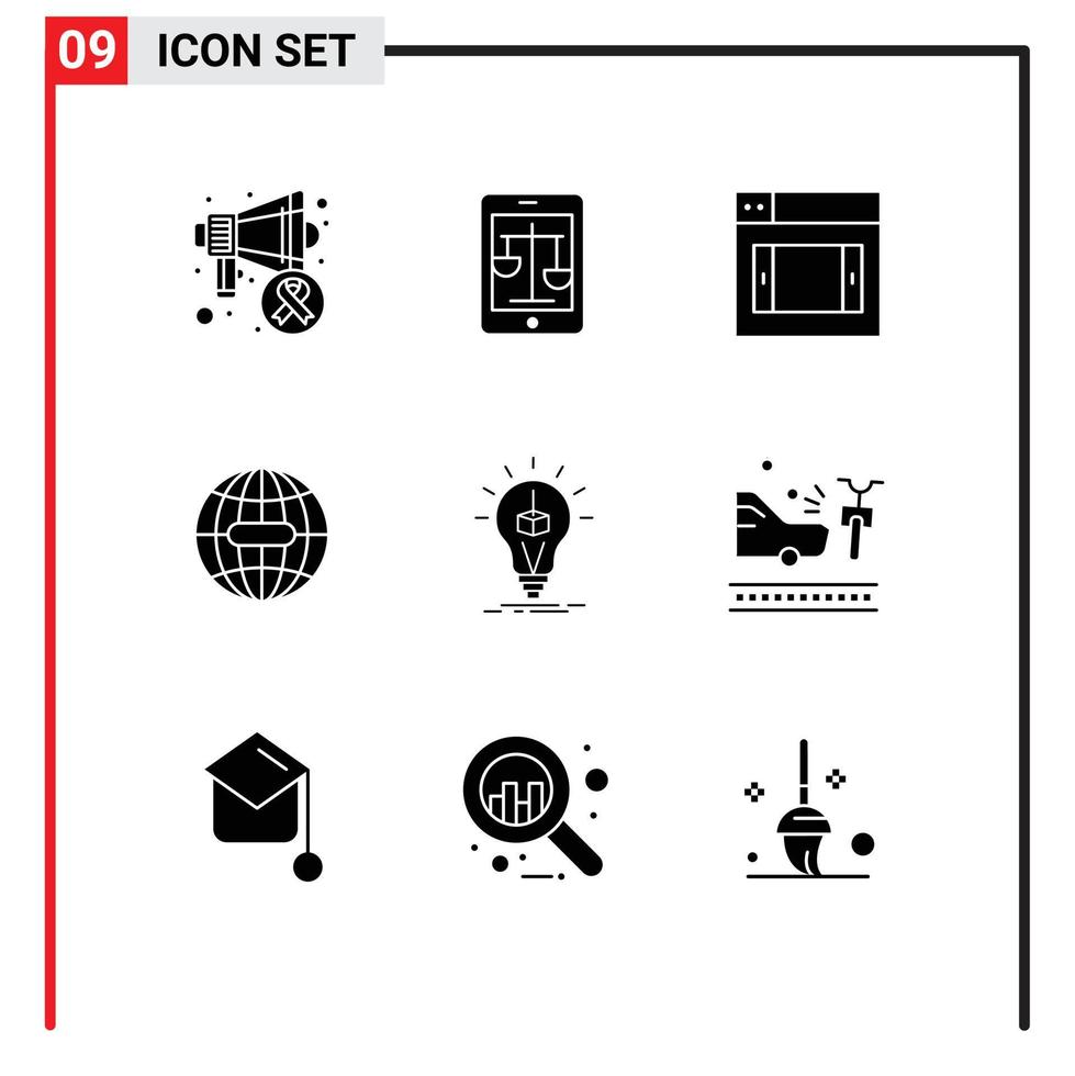 interface mobile glyphe solide ensemble de 9 pictogrammes d'éléments de conception vectoriels modifiables globe internet en ligne globe terre vecteur