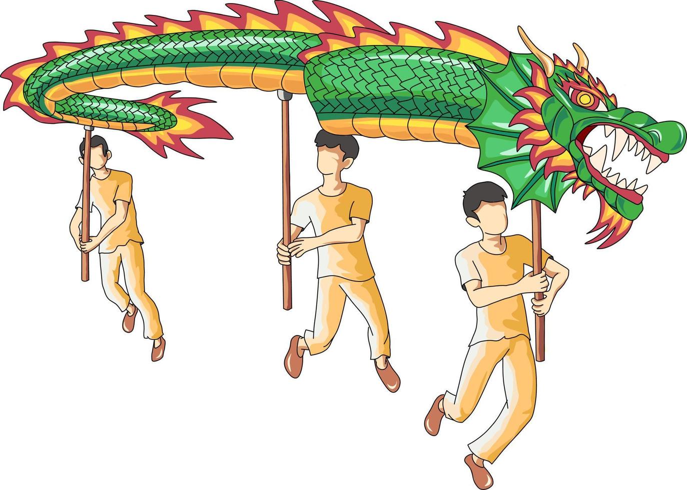 illustration de dessin animé d'un spectacle de danse du dragon, généralement exécuté pendant le nouvel an chinois, avec fond blanc, multicolore, flou, bruit, design plat vecteur