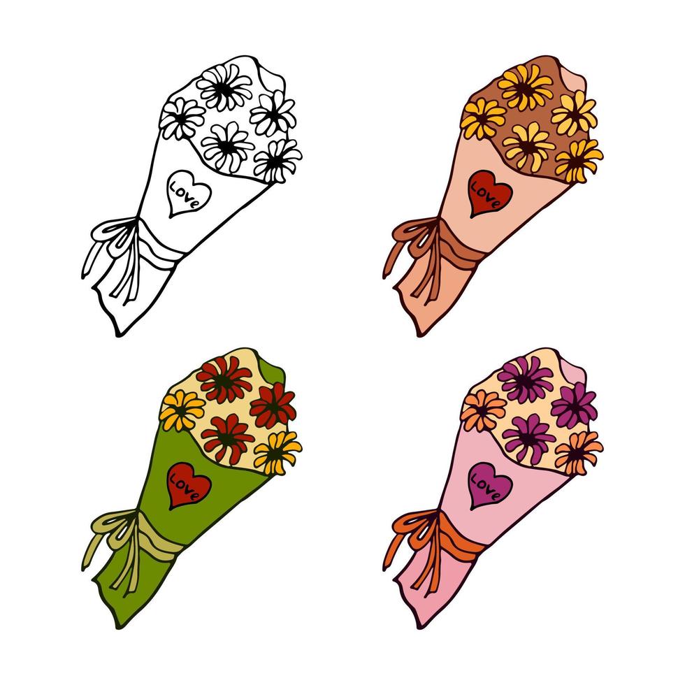 bouquet de fleurs dans du papier d'emballage avec ruban doodle dessin à la main. camomille couleurs illustration vectorielle vecteur