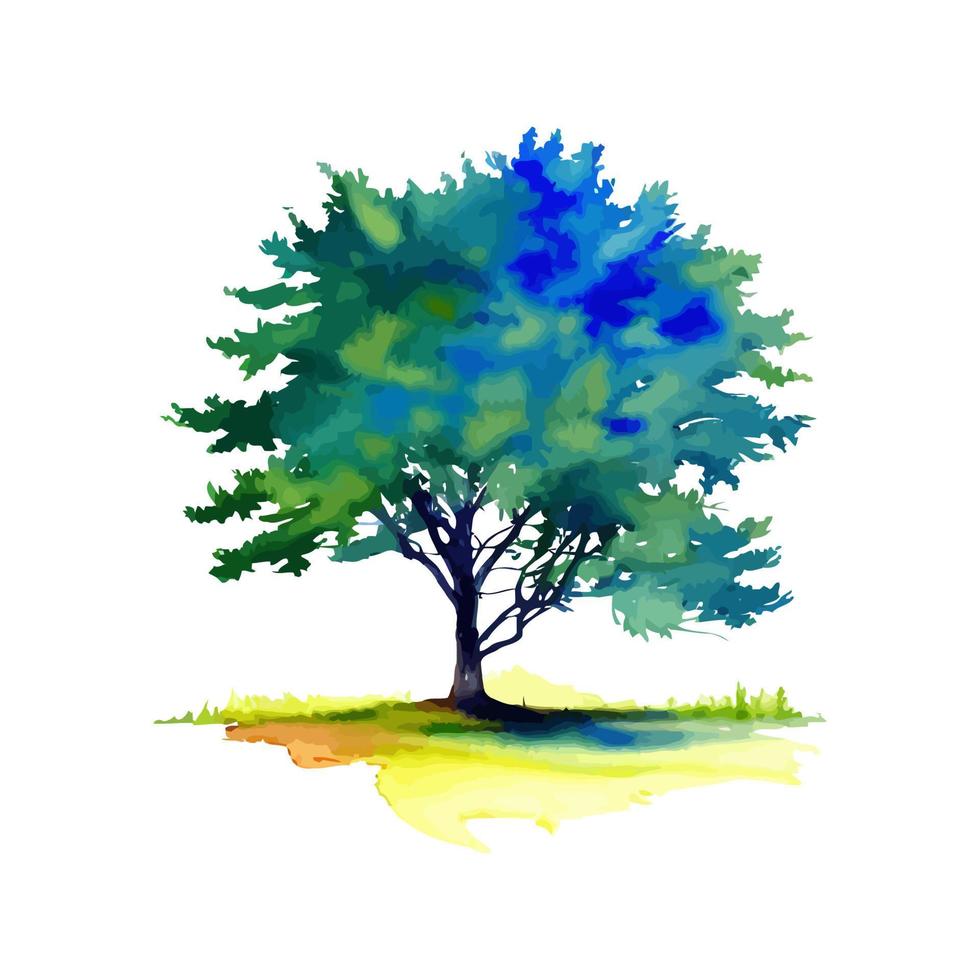 arbre de pays aquarelle bleu vert luxuriant vecteur