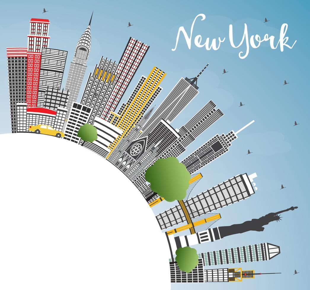 horizon de la ville de new york usa avec gratte-ciel gris, ciel bleu et espace de copie. vecteur